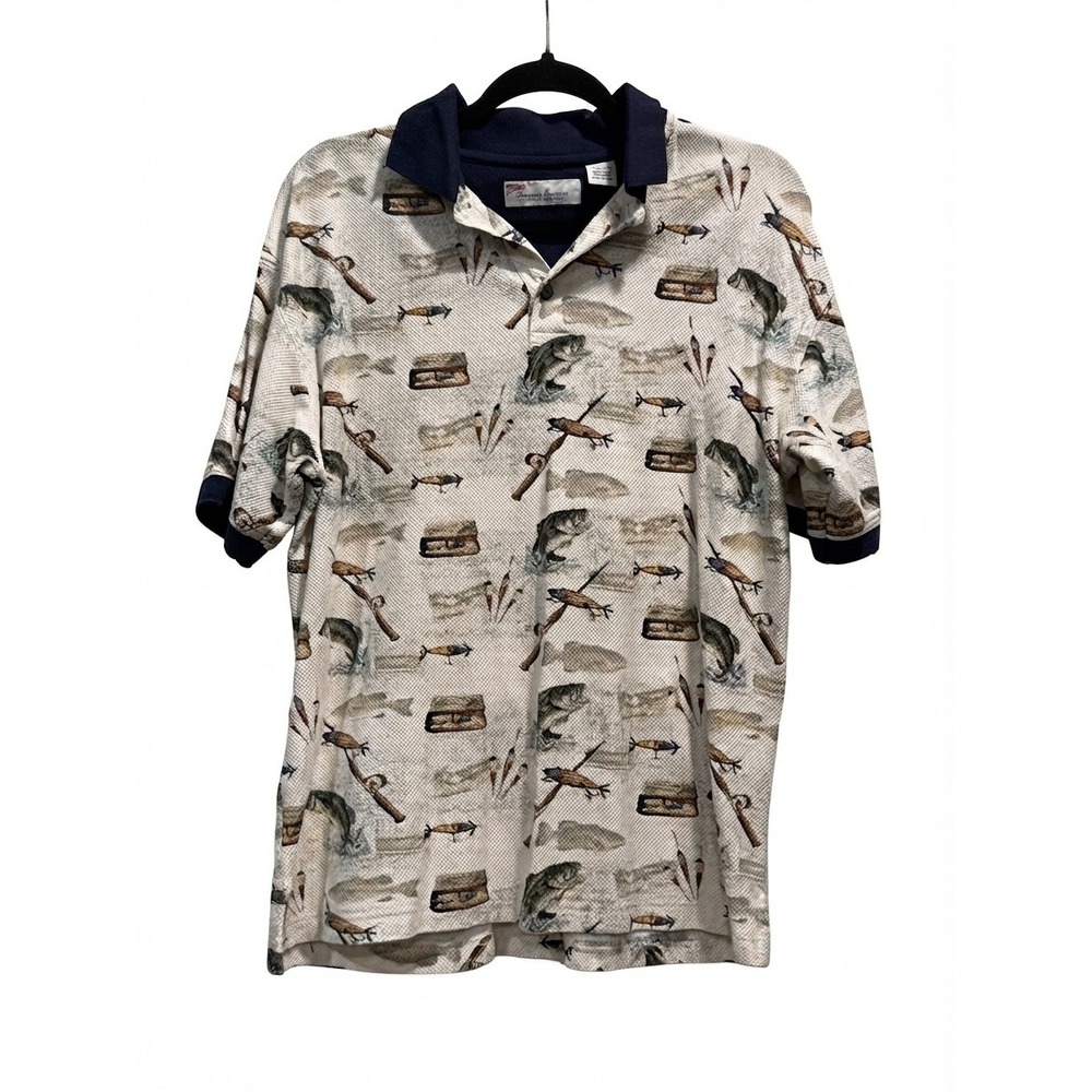 American Summer Mens Fishing Polo Shirt Medium Bass Fish Print Cotton Pique Blue